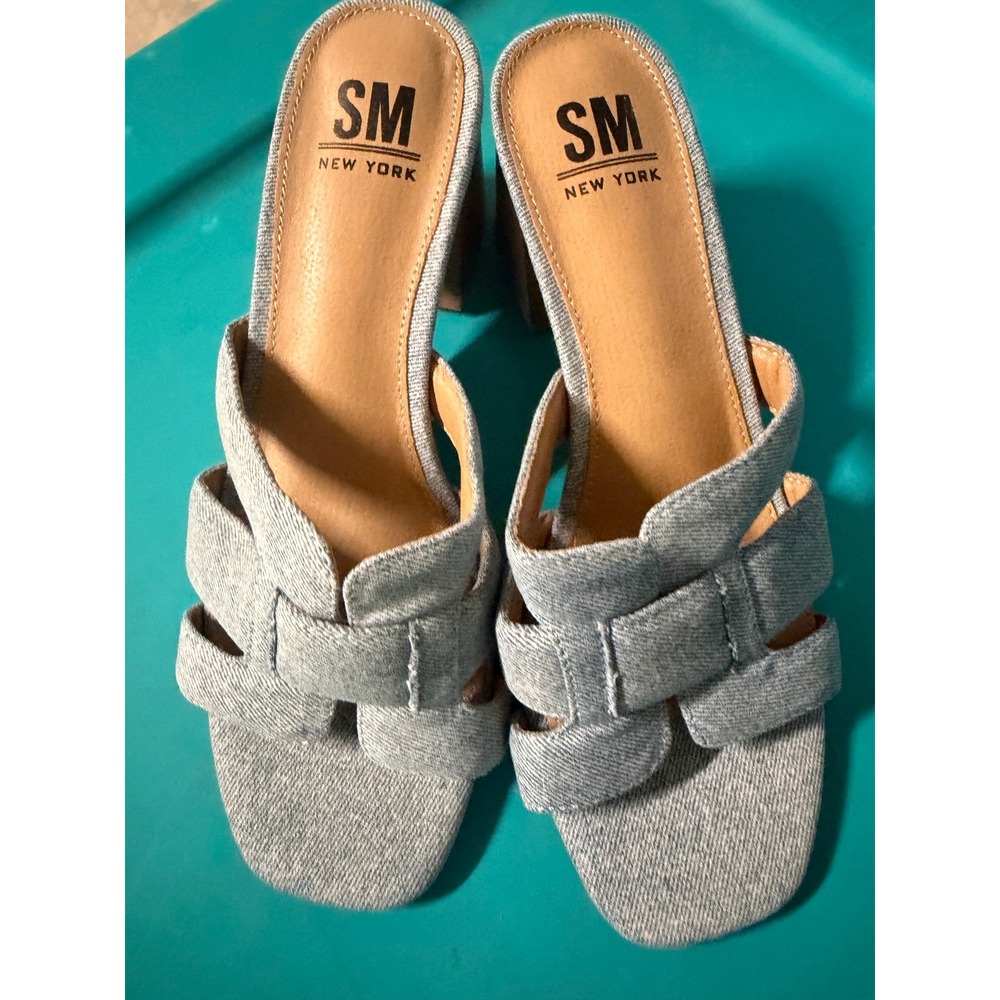 SM New York Denim Block Heel Slide Sandals Light Wash Square Toe Mules Size 8